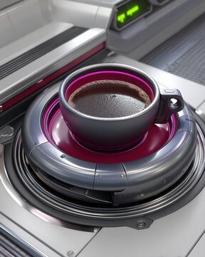 Plasma ripple elixir in an anti-gravity levitating cup, with holographic foam top, set in a zero-gravity dining pod, underlit with prismatic highlights, in neon pink and silvery chrome. Sci-fi