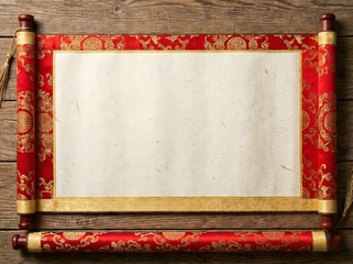 Traditional Chinese Scroll with Blank Paper on Wood
