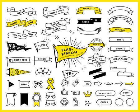 リボンとフラッグを中心とした装飾リボンとフラッグを中心とした装飾デザインセット　矢印と吹き出し入り　フラットデザイン　旗アイコンセット　矢印と吹き出し入り　フラットデザイン　旗