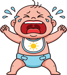 Crying baby boy vector illustration wearing a blue diaper and sun bib showing loud screaming temper tantrum tears and infant distress for parenting childcare concepts