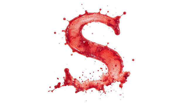 Abstract red blood splash forming the letter S, artistic typography design with splatters, representing creativity and fluidity in visual expression.