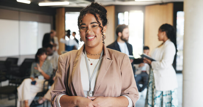 Smile, seminar and portrait of business woman for keynote speaker, pride and trading expo. Workshop event, confidence and broker conference with person for opportunity, corporate and tradeshow