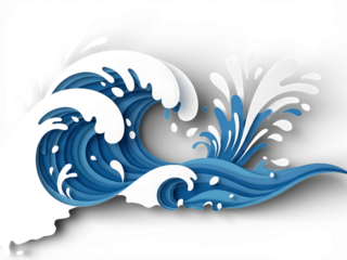 Cartoon illustration of a large ocean wave with foamy crest and water droplets, isolated on white background, ideal for playful designs, decorations, posters, banners, kids content and creative marine