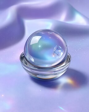 Quantum ripple elixir in an orb-shaped glass, with stardust ice cubes, on a metallic surface with starlight reflections, with soft neon reflections, in iridescent purples and deep violet. Sci-fi