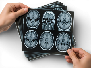 Doctor showing MRI brain scan of head and skull on digital screen, medical imaging concept for healthcare, neurology, diagnosis, radiology research, clinical examination and modern hospital technology