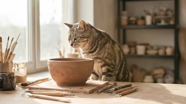 cat stares - A curious cat explores a rustic pottery studio, perched beside a clay bowl and surrounded by art supplies, while sunlight streams through a large window