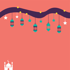 Ramadan vector background with hanging lanterns, stars, and mosque silhouette