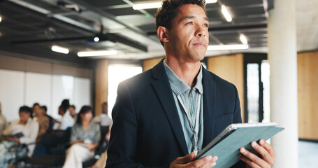 Thinking, tablet and conference with business man for research, reflection and expo schedule. Seminar vision, online agenda and perspective with person and tech at forum for workshop and idea