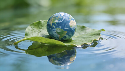 Photorealistic macro composite image of a small planet Earth resting on a vibrant green leaf floating on calm water with gentle ripples and reflections for environmental sustainability