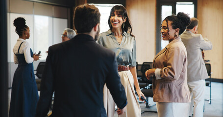 Talking, networking and business people with smile, seminar and introduction with media conference. Publishing industry, crowd or employees in meeting, discussion and information for creative project