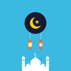 Ramadan vector with mosque silhouette, crescent moon, and lanterns on blue background