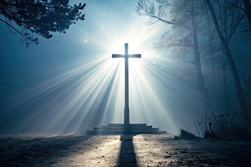 Eerie Cross Silhouette, Spiritual Symbol, Foggy Forest, Photo, Ethereal Atmosphere, Low Angle, Divine Light