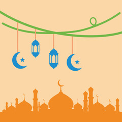 Ramadan vector illustration with mosque silhouette, lanterns, crescent moon and stars