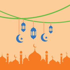 Ramadan vector illustration with mosque silhouette, lanterns, crescent moons and stars