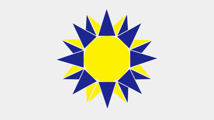 Stylized sun icon with blue and yellow rays on white background.