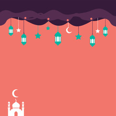 Ramadan vector background with lanterns, crescent moon, mosque and hanging stars