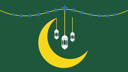 Ramadan vector with crescent moon, lanterns, and stars on green background