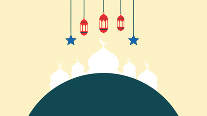 Ramadan vector illustration with mosque silhouette, lanterns, and stars on pastel background