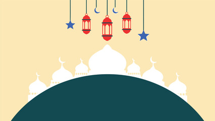Ramadan vector illustration with mosque silhouette and hanging lanterns for festive design