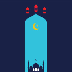Ramadan vector illustration with mosque silhouette, crescent moon and lanterns on blue background