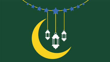Ramadan vector with crescent moon, lanterns, and stars on green background