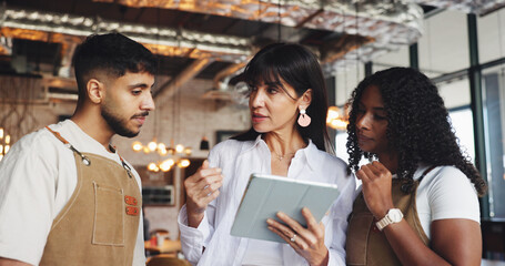 Owner, restaurant team and meeting with tablet for inventory checklist, staff schedule or review supplier info. Women, man and waiters with digital tech for menu planning, cafe agenda or budget