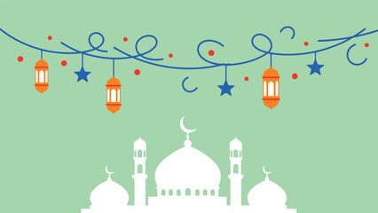 Ramadan vector illustration with mosque silhouette and festive lantern decorations
