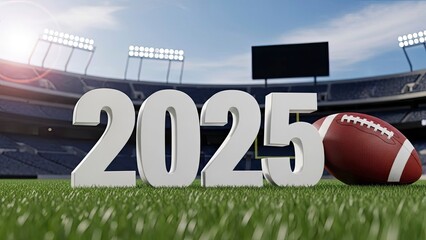 American football on green field with 2025 numbers in large white letters on stadium background with lights