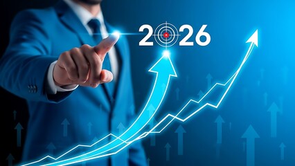 A businessman pointing to a growing graph with a target on 2026