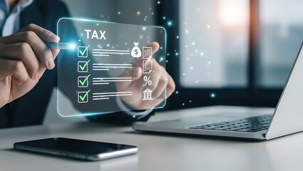 A businessman preparing taxes on a laptop with a virtual checklist