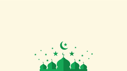 Ramadan vector illustration with green mosque, crescent moon, and stars on beige background