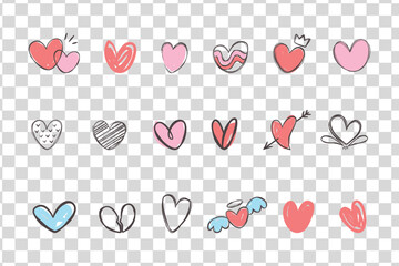 Hearts are drawn in different styles, showcasing creativity and love. Heart designs vary in size and shape. Cute hand drawn Valentine's Day vector set.