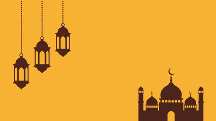 Ramadan vector illustration with mosque silhouette and hanging lanterns on yellow background