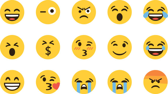 Large collection of yellow flat emoji face icons including happy, sad, angry, laughing, crying, and love expressions for social media and digital communication.
