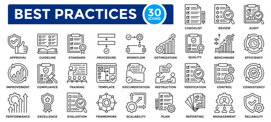 Best practices icon collection. Containing standard, procedure, efficiency, Management, quality, performance, improvement, training icon. Simple line vector illustration.