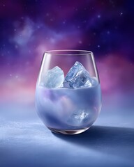 Alien glow infusion in a chromatic floating orb, with nebula swirls in the ice, in a futuristic laboratory counter, with surreal volumetric light, in glowing blues and cosmic hues. Sci-fi beverage