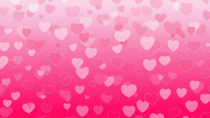 A vibrant pink gradient background with a multitude of hearts in various sizes and shades.