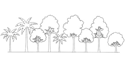 A simple line drawing of various trees and palm trees in a row vector illustration