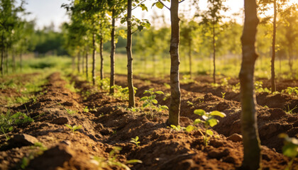 Symmetrical rows of young green tree saplings growing in rich brown soil at a reforestation nursery site under warm golden sunlight for environmental conservation and sustainability