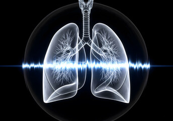Futuristic x-ray medical illustration of blue glowing human lungs within a circular frame featuring a digital heart rate frequency pulse for advanced respiratory healthcare technology