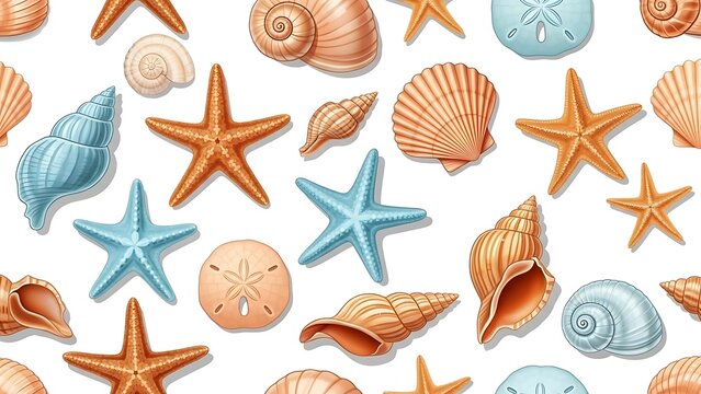 Seashells and Starfish on White Background