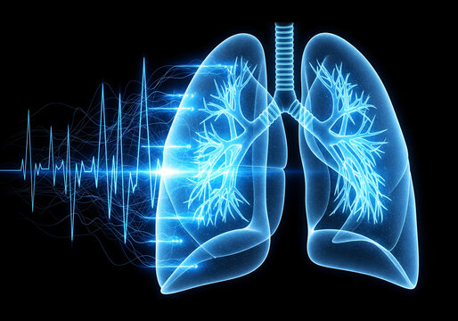 Futuristic x-ray medical illustration of blue glowing human lungs with abstract digital heart rate pulse waves and data flow for advanced pulmonary healthcare science technology - Powered by Adobe