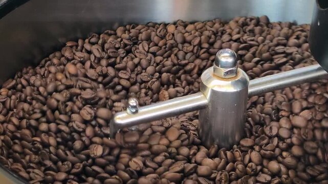 Coffee Beans Roasting Inside Professional Drum Coffee Roaster