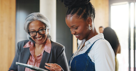 Business people, talk and plan in office with tablet for marketing campaign, project and...