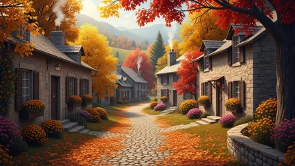 Autumn scene of charming cottages and colorful foliage