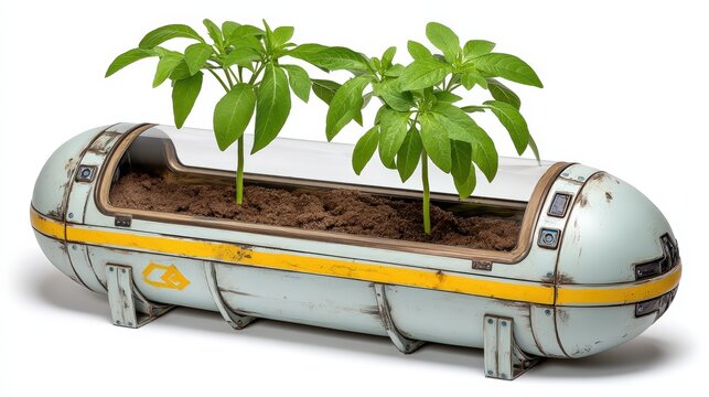 Nano-swarm plant incubator with self-assembling soil particles, in a post-apocalyptic biodome, flickering with scavenged power cells, in scorched earth and salvage orange. Mad Max meets high-tech,