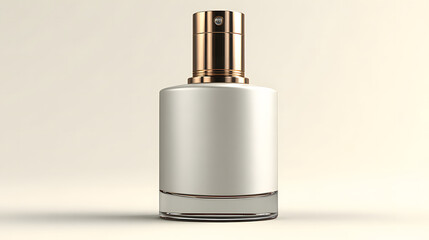 Naklejka premium white opaque perfume bottle with gold sprayer cap on neutral cream background product shot advertising beauty concept
