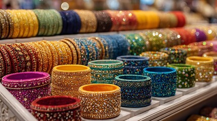 Vibrant Indian bangles on display in colorful jewelry store