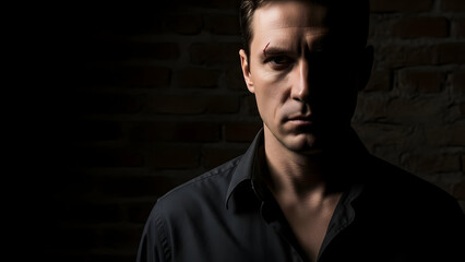 Fototapeta premium Moody low-key portrait representing a criminal concept, using dramatic side lighting and deep shadows.