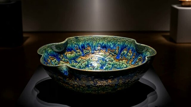 Ornate ceramic bowl displayed in a dimly lit gallery